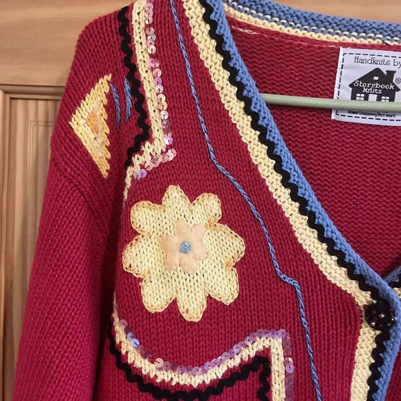 Vintage Storybook Knits Sweater Mola Festival HSN Chickens Size Large Womens Red - Picture 4 of 9